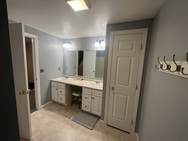 Bathroom with freshly painted gray walls, white doors and trim