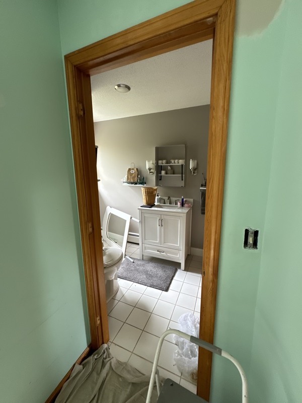 Bathroom doorway with mint green walls and white trim